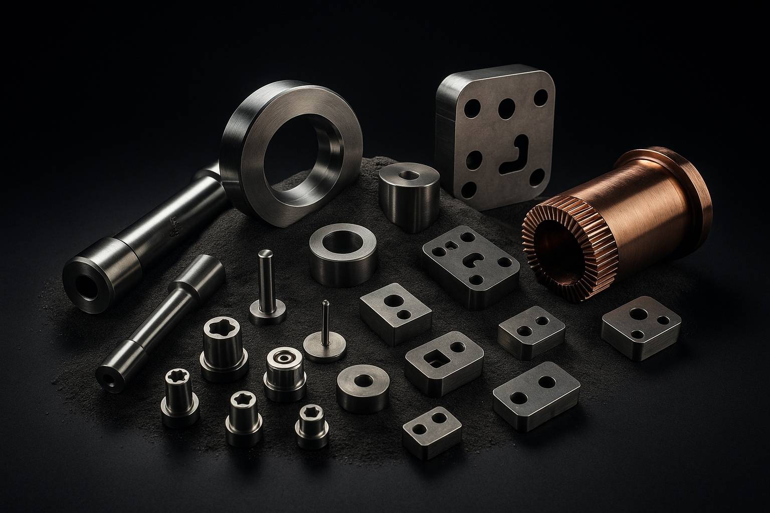 utensili, porta utensili, stampi, componenti stampi realizzati in acciaio da metallurgia delle polveri appoggiati su mucchio di polvere di acciaio