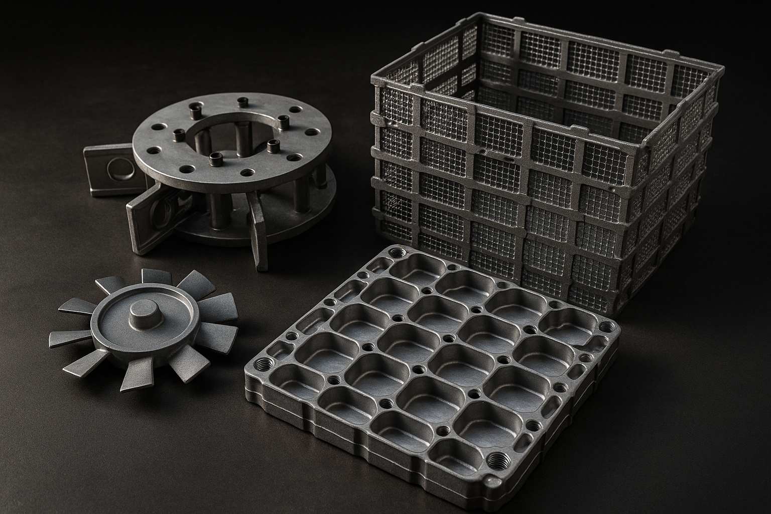 accessori, ceste, griglie, ventole e turbine per forni da trattamento termico e sabbiatrici industriali