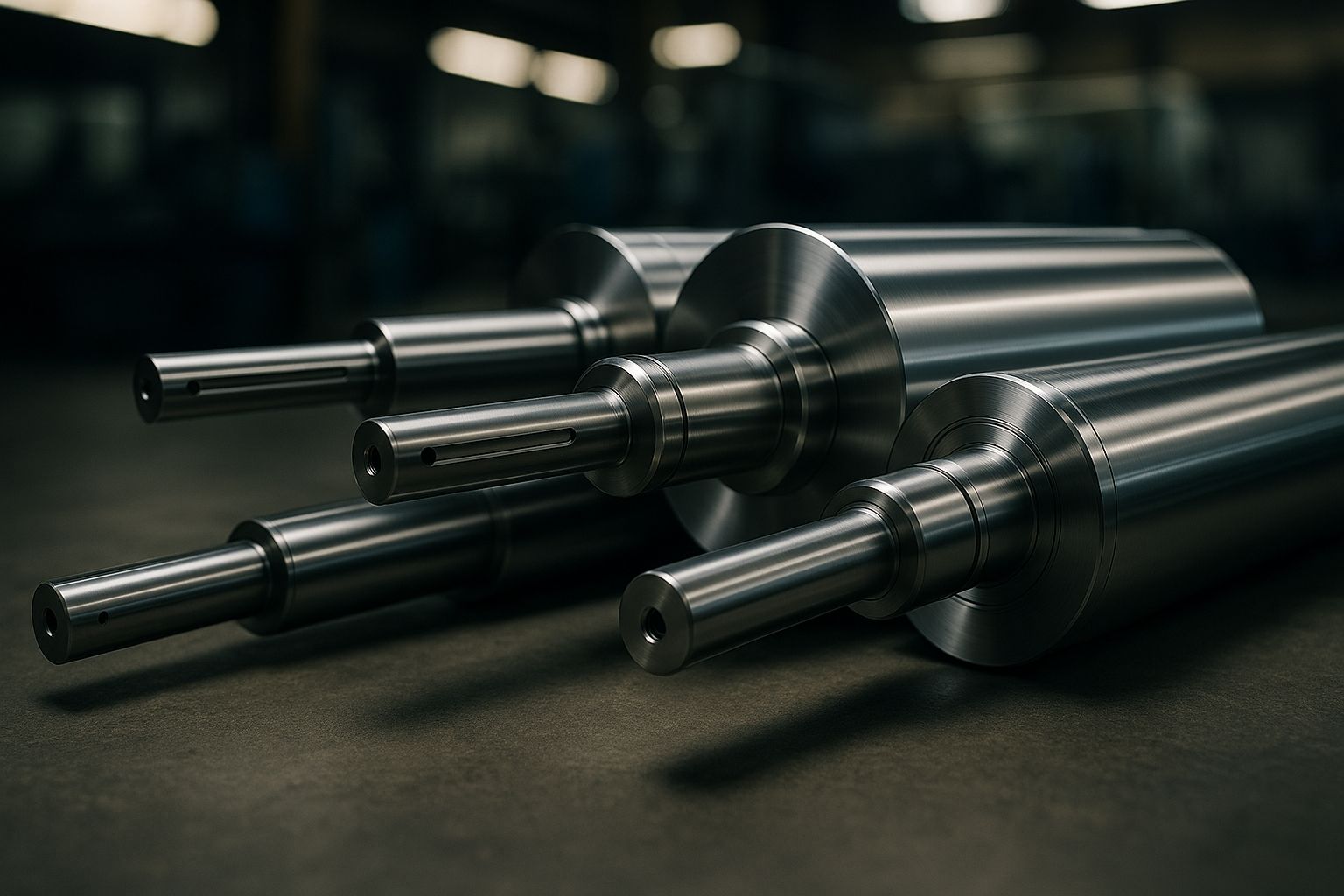 rulli e cilindri posati su un pavimento industriale di un'officina meccanica